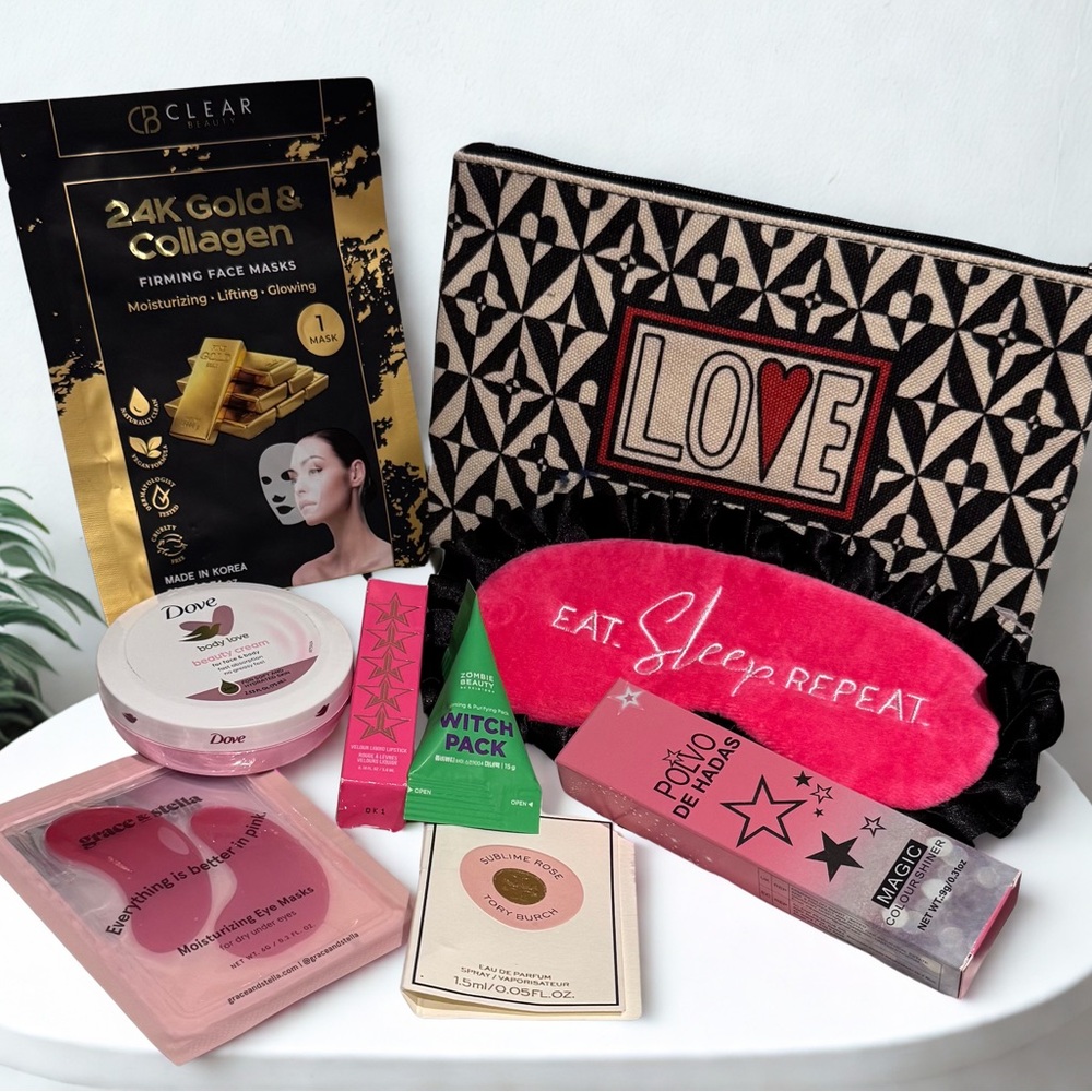 Brighton “Love” cosmetic bag with 7 piece Beauty Bundle and eye sleep mask
